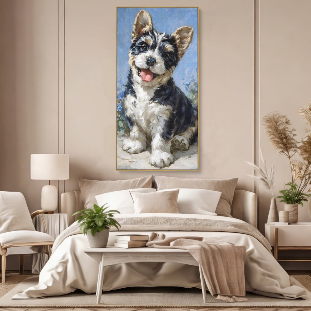 Tablou canvas cu tablou canvas cu catelus pufos, in rama de aluminiu auriu, pe perete intr-un dormitor